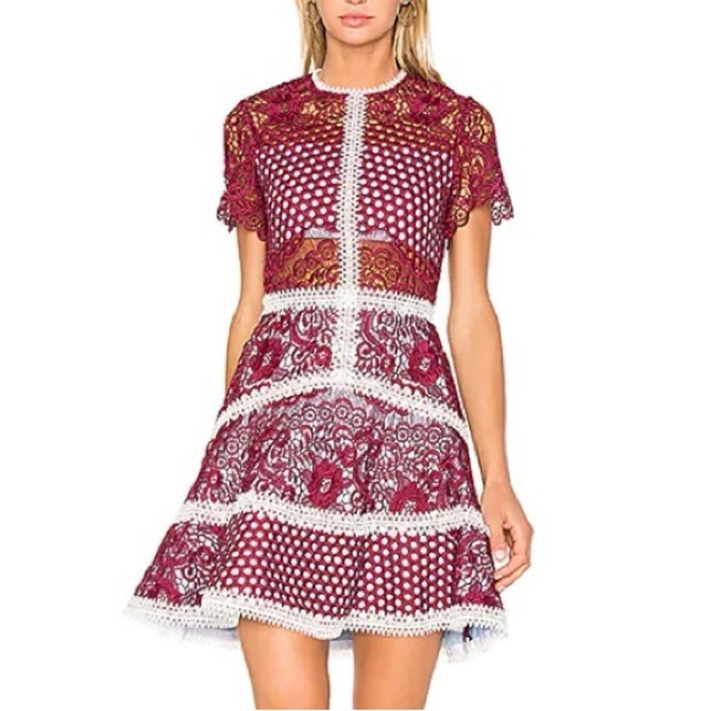 Alexis Burgundy and White Lace Mini Dress